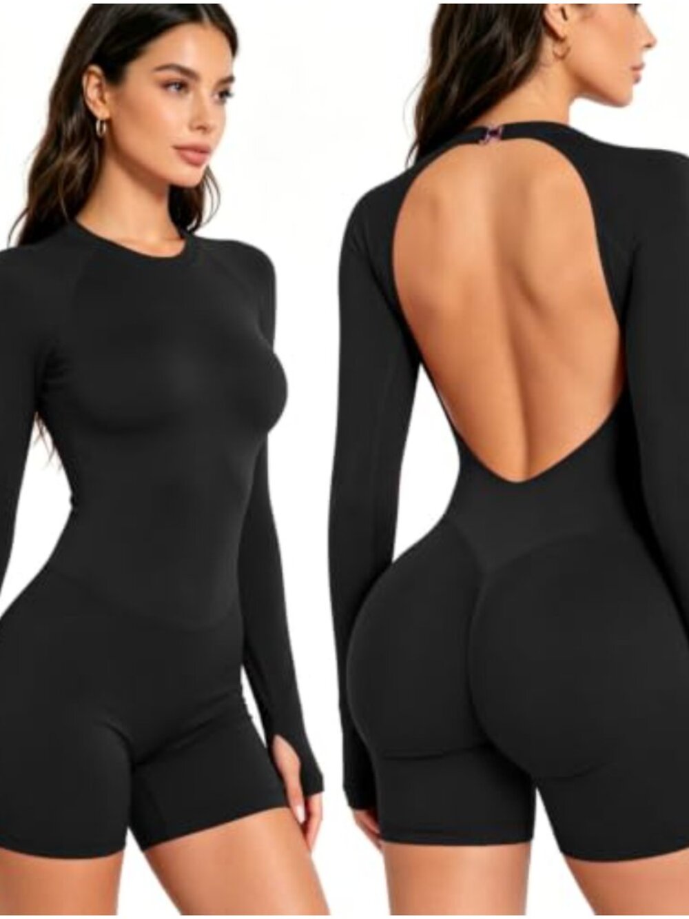 Women's Workout Jumpsuit Shorts Backless Long Sleeve One Piece Gym Romper Yoga